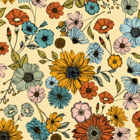 A vibrant floral pattern featuring yellow sunflowers, blue daisies, orange poppies, and pink blooms, with green leaves, set against a soft yellow background. This intricate and colorful design is ideal for fabric, wallpaper, or decorative art projects.