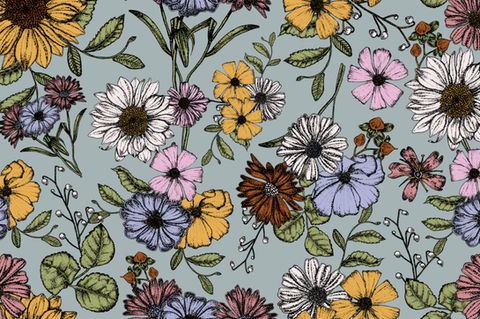 A vibrant floral pattern featuring a mix of yellow sunflowers, blue daisies, pink and purple blooms, and green leaves, set against a soft teal background. This intricate and colorful design is perfect for fabric, wallpaper, or decorative art projects.