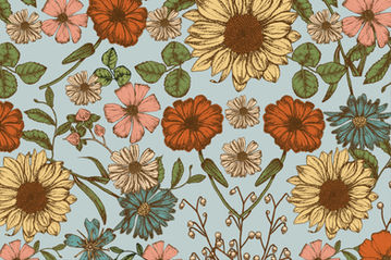 A charming floral pattern featuring a variety of flowers, including yellow sunflowers, blue daisies, red poppies, and pink blooms, with green leaves, set against a soft teal background. This intricate and colorful design is ideal for fabric, wallpaper, or decorative art projects.