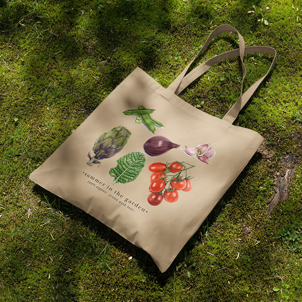 Beige cotton tote bag with watercolor illustrations of summer vegetables and the phrase "summer in the garden."