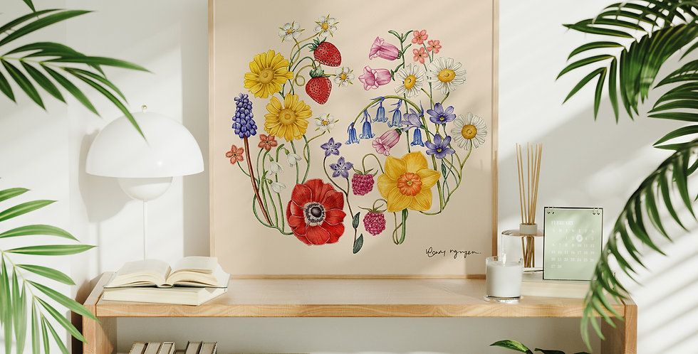 Vintage Flowers and Berries Watercolour Artwork Floral Painting Botanical Illustration