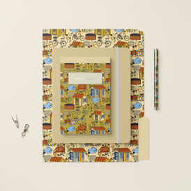 Whimsical seamless pattern featuring cozy cottage houses, vintage bicycles with flower baskets, garden ponds, picnic blankets, wooden fences and blooming wildflowers on a warm mustard yellow background. Hand illustrated watercolor style with charming village scenes, floral details and playful layout. Perfect for surface pattern design, fabric, stationery, wallpaper, home decor and botanical inspired products, showcasing storytelling illustration with a joyful, vintage aesthetic.