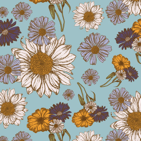 A vibrant floral pattern featuring a variety of daisies in yellow, white, purple, and orange hues, with green leaves, set against a soft teal background. This intricate and colorful design is ideal for fabric, wallpaper, or decorative art projects.