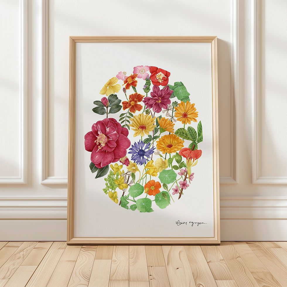 Colorful Garden Flowers Watercolor Painting Vintage Botanical Illustration Home Decor Pink Yellow Orange Red Flowers