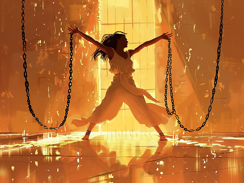 Uma imagem de uma mulher se libertando de correntes, sentido felicidade e alegria, com a luz do sol pela janela iluminando-a