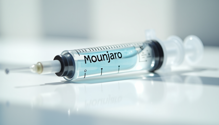 Vista frontal de uma seringa com medicamento Mounjaro sobre uma mesa branca