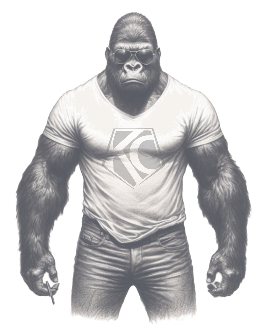 Gorilla in tshirt pants aviator glasses