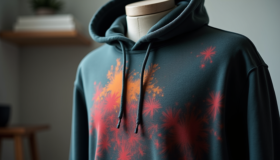 Mannequin wearing a teal hoodie with red and orange starburst pattern. Background features blurred shelves and soft lighting.
