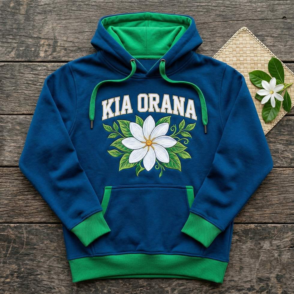 Thumbnail: The Kia Orana Hoodie in Cook Island national colours and picture of a tiare maori