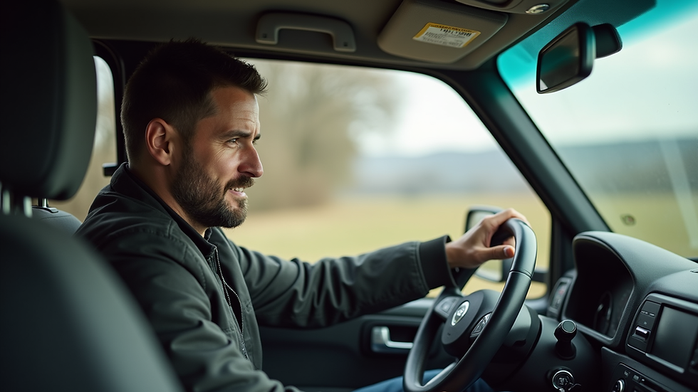 Eye-level view of a driving instructor guiding a student in a modified vehicle