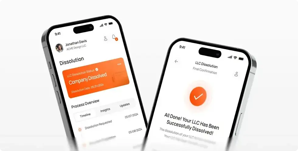 Two smartphones display screens confirming LLC dissolution. One shows "Company Dissolved" in orange, the other a check mark. Simple design.
