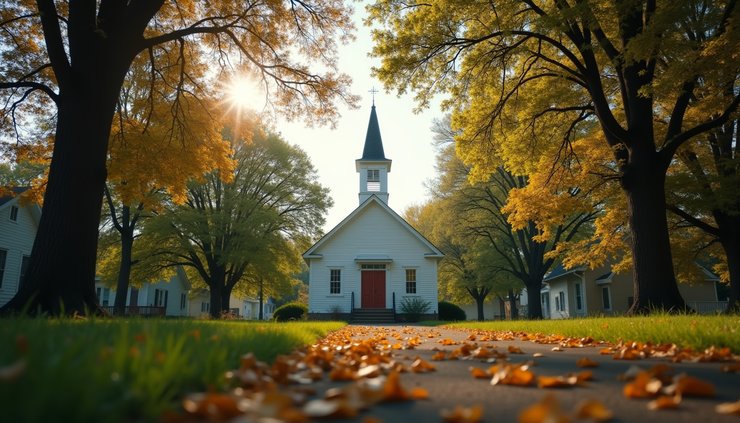 Eye-level view of a small church building surrounded by trees in a quiet neighborhood