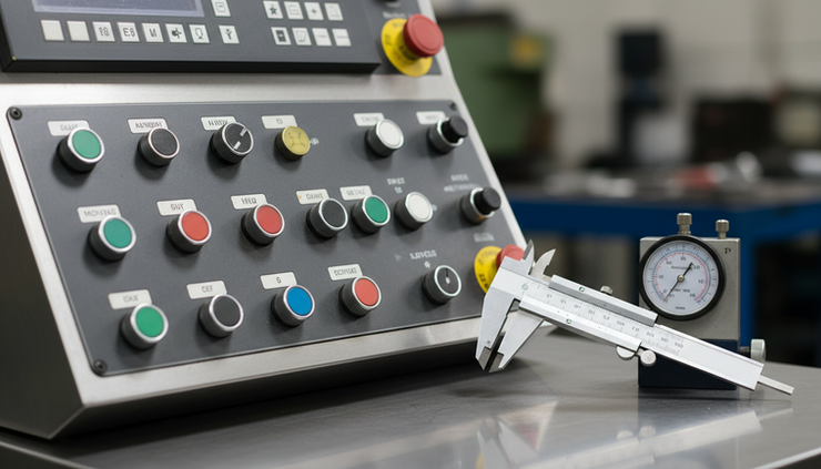 Close-up view of a metalworking machine control panel and inspection tools