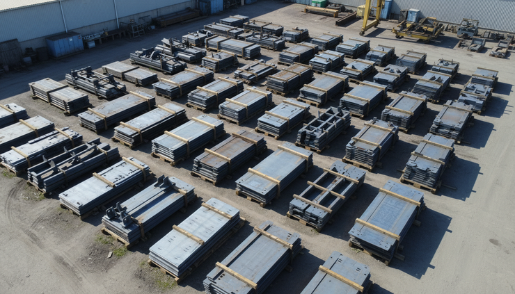 Overhead view of fabricated steel components arranged for dispatch