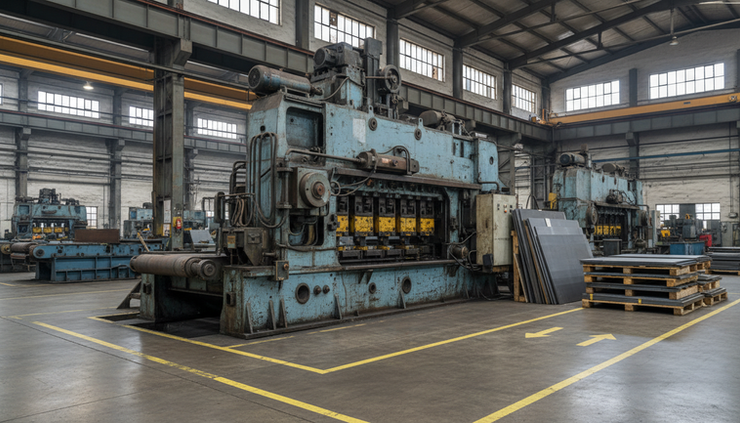 Low-angle view of a steel processing machine installed on a factory floor