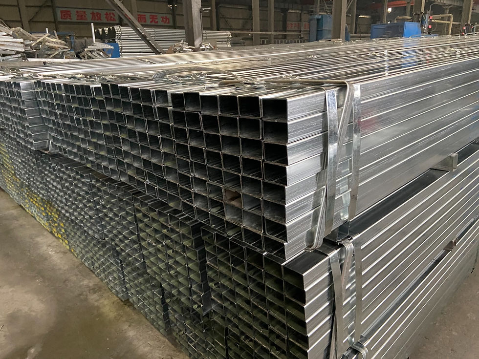 Stacked square steel tubes at G-Tech Steel facility.