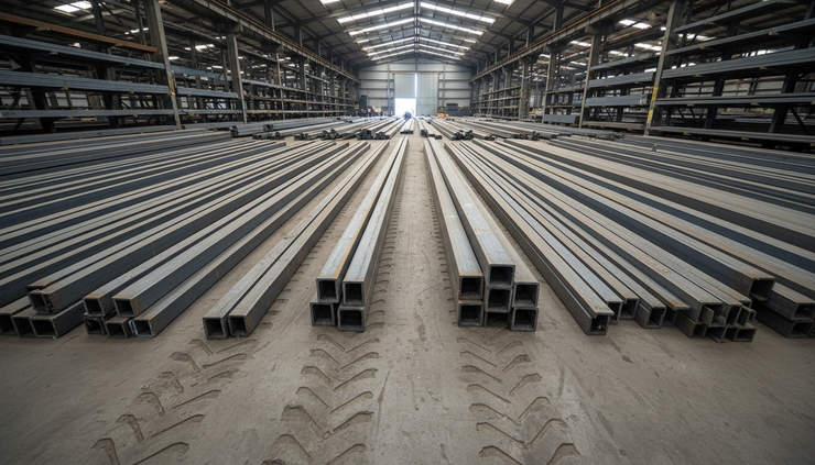 Eye-level view of long steel beams stored in organised rows