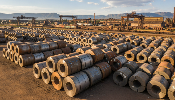 Wide-angle view of large steel coils stacked in an industrial yard