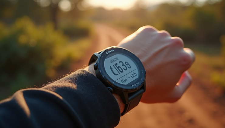 High angle view of Garmin Forerunner 255 displaying multi-sport tracking on a trail in Johannesburg