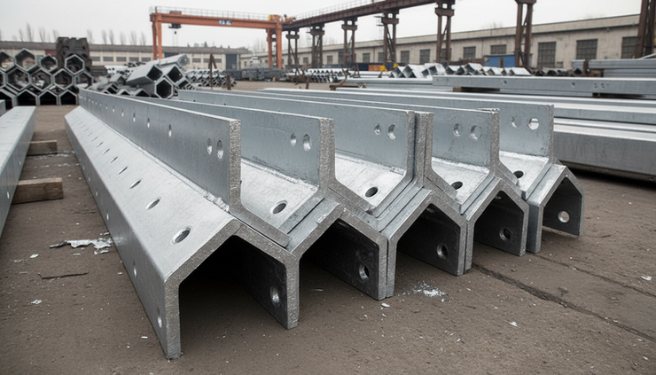 Close-up view of galvanised steel angles prepared for pylon fabrication