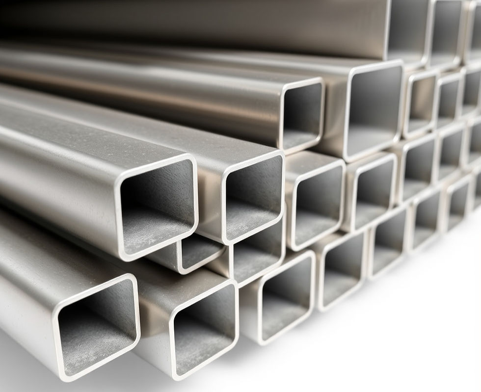 Stacked silver square metal tubes on a white background, showing a clean industrial pattern.
