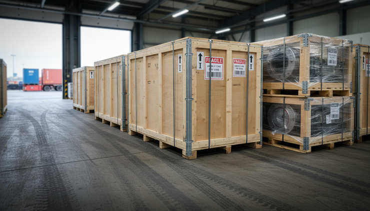 Eye-level view of crated industrial machinery secured for international transport