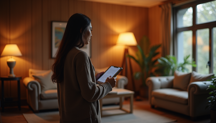 Eye-level view of a person practicing public speaking in a cozy room