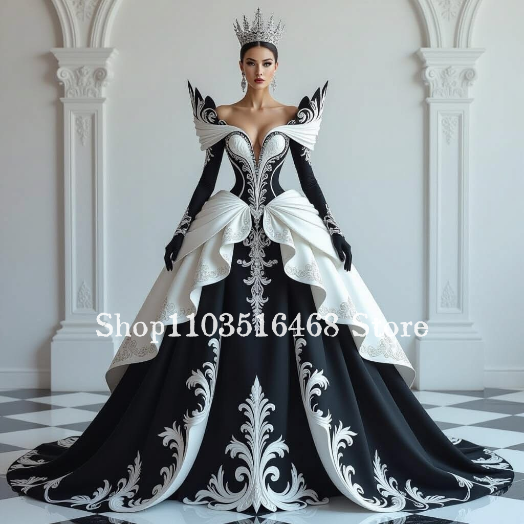 Off-the-Shoulder Black-and-White Gothic Prom Dress Dark Fairy