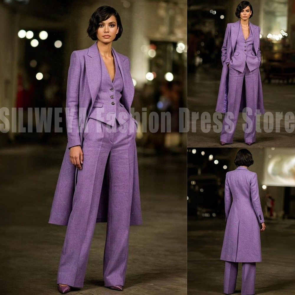 Elegant Female Suit Casual 3 Pieces Long Coat+Vest+Pants High Quality