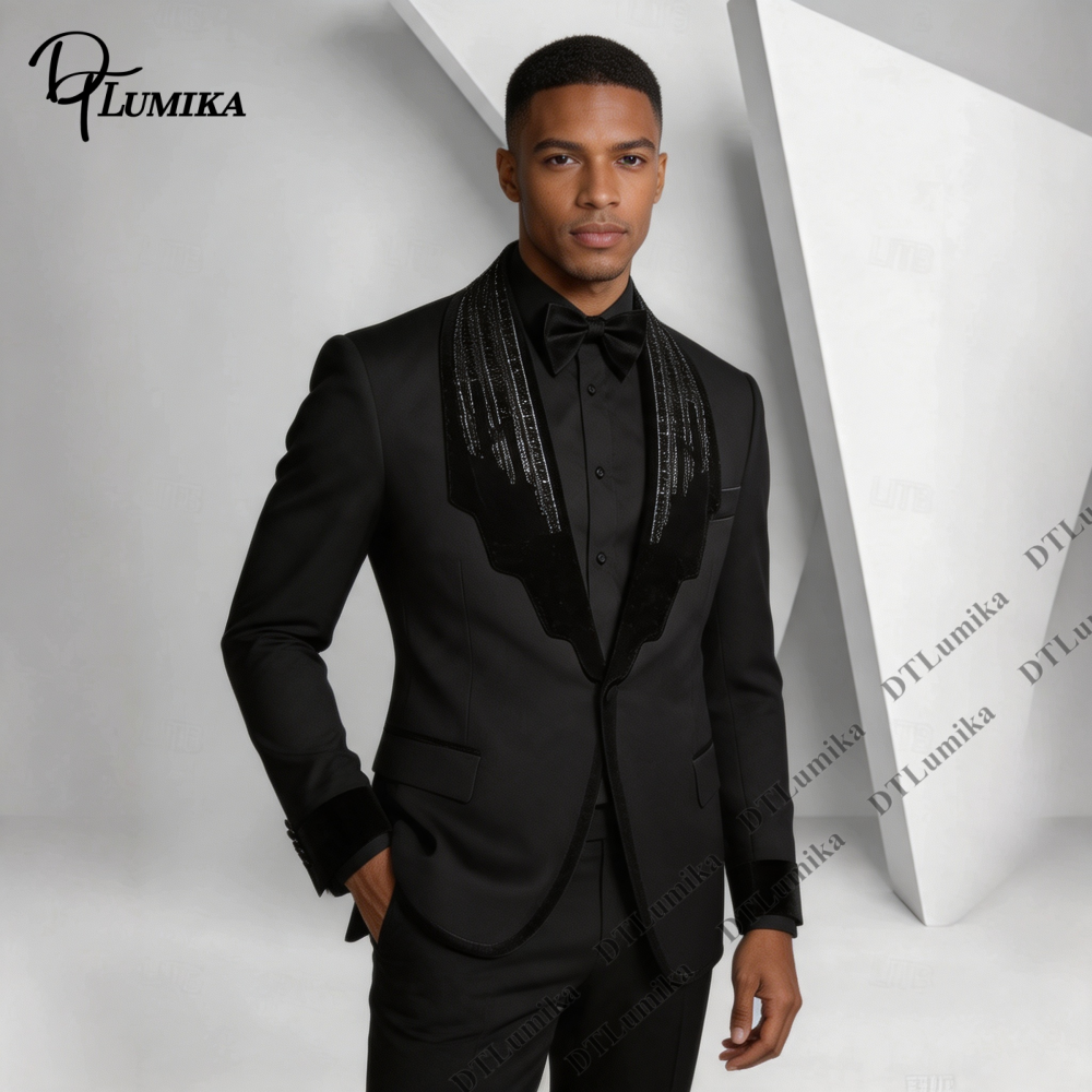 Wedding Suits for Men 2 Pieces Tuxedo Suit Velvet Blazer Pants Sparkling