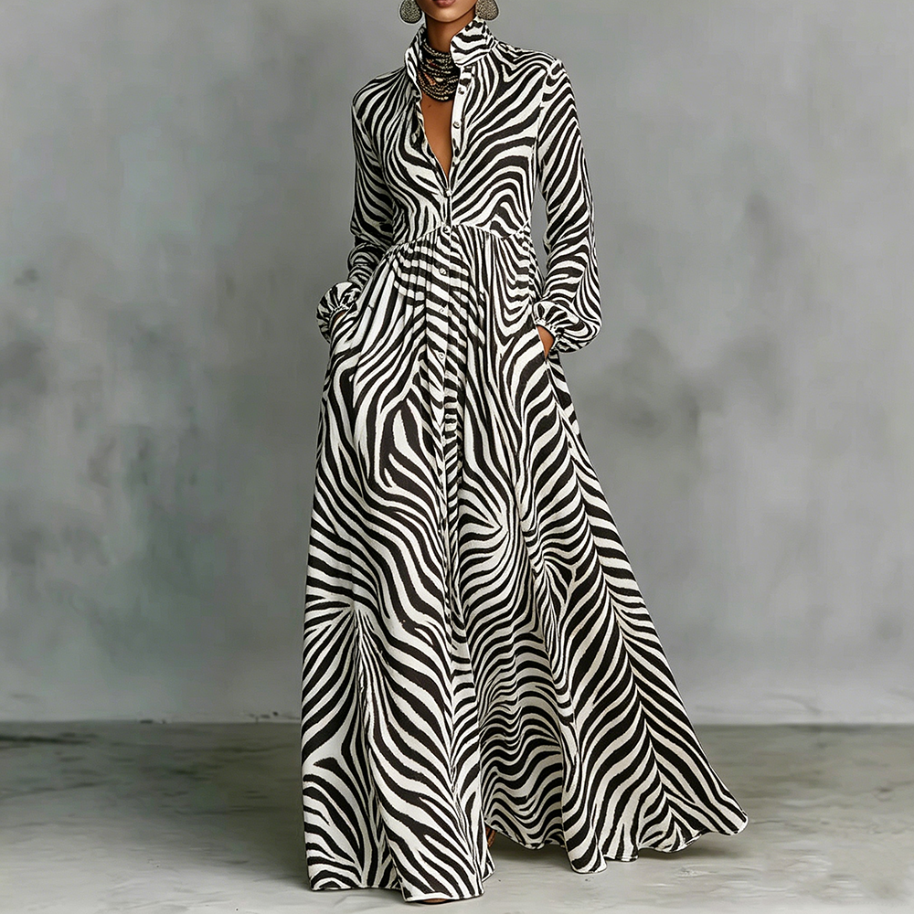 Women's Black White Zebra Stripe Long Sleeve Maxi Dress Elegant Loose Fit