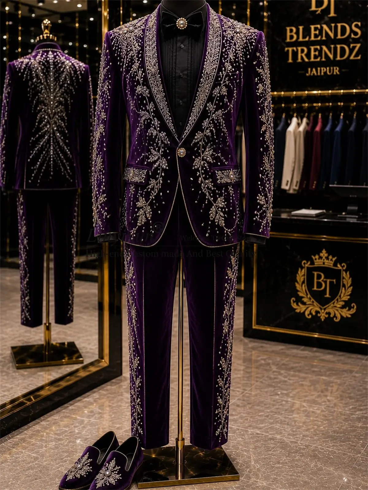Fashion Embroidered Tuxedos Men Suits 2 Pieces Sets Groom Male Blazer