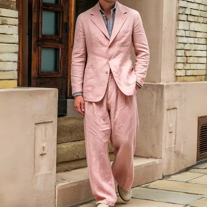 Men's Linen Suit 2 Pieces Luxury Slim Fit Casual Blazer Straight Leg Pants