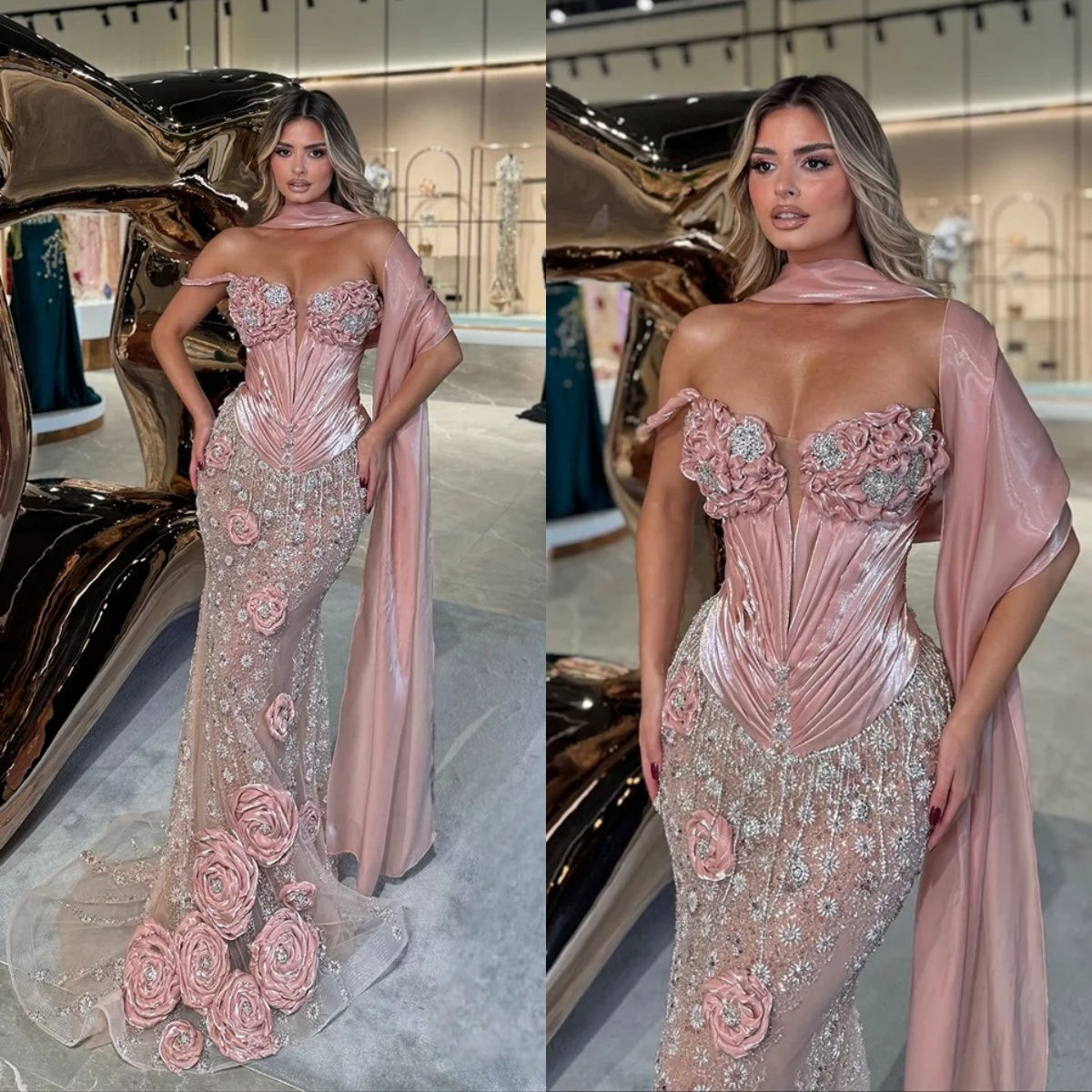Modern Evening Dresses Handmade 3D Ruffle Flowers Prom Dress with Beading