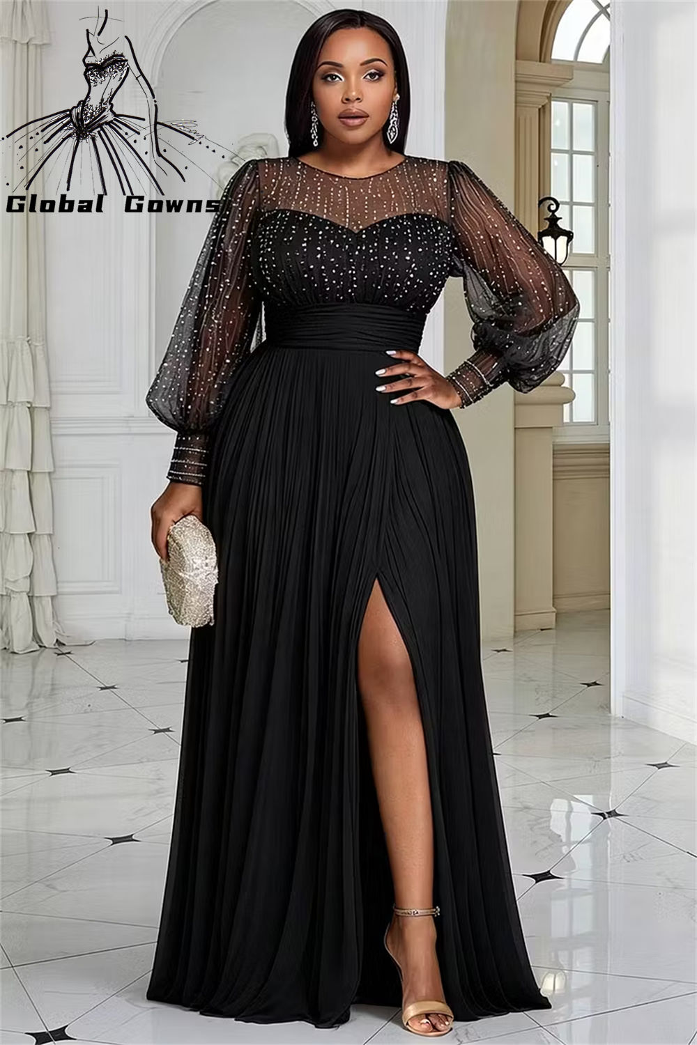 Plus Size Prom Dresses Formal Round Neck Long Sleeve Split