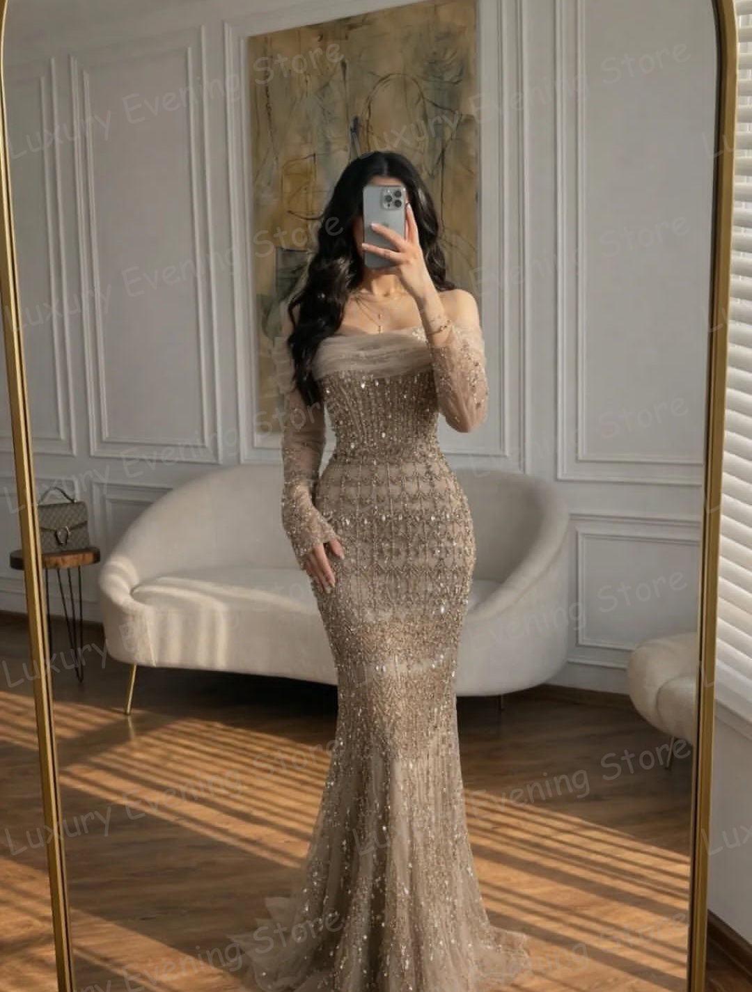 Charming Shiny Evening Dresses Woman's Mermaid Prom Gowns Cap Sleeve