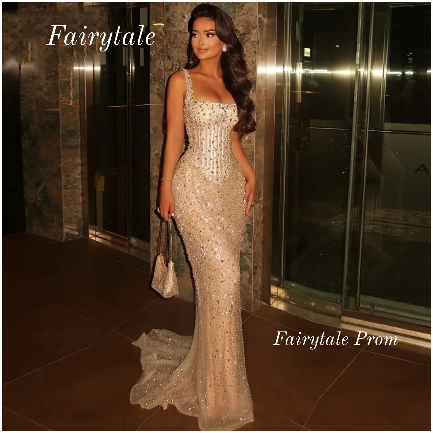 Elegant Mermaid Prom Dresses Shiny Sequins Square Collar Evening Dresses