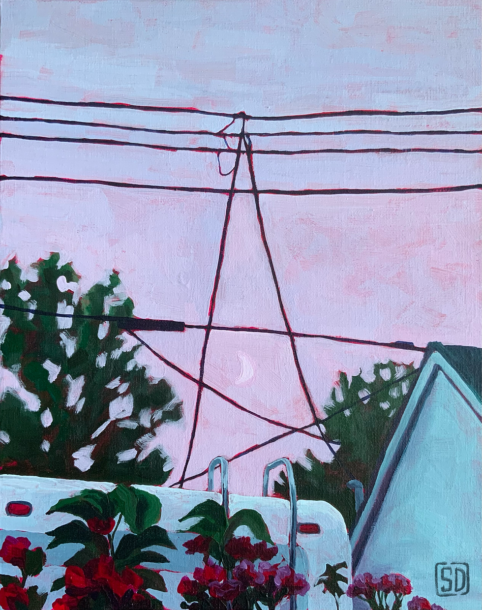 power lines forming a star above a shed and trailer