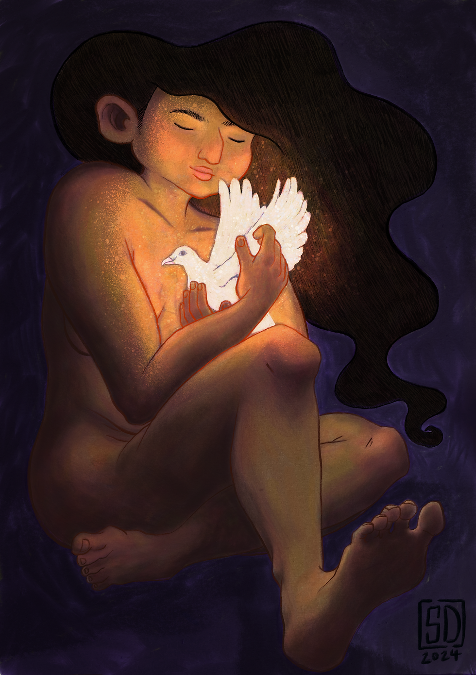 female nude figure holding glowing dove to chest