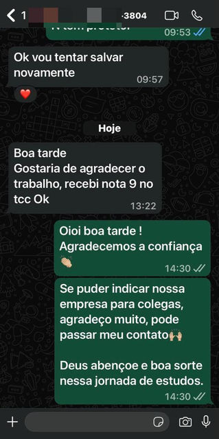Feedback de aluno sobre assessoria para trabalho acadêmico