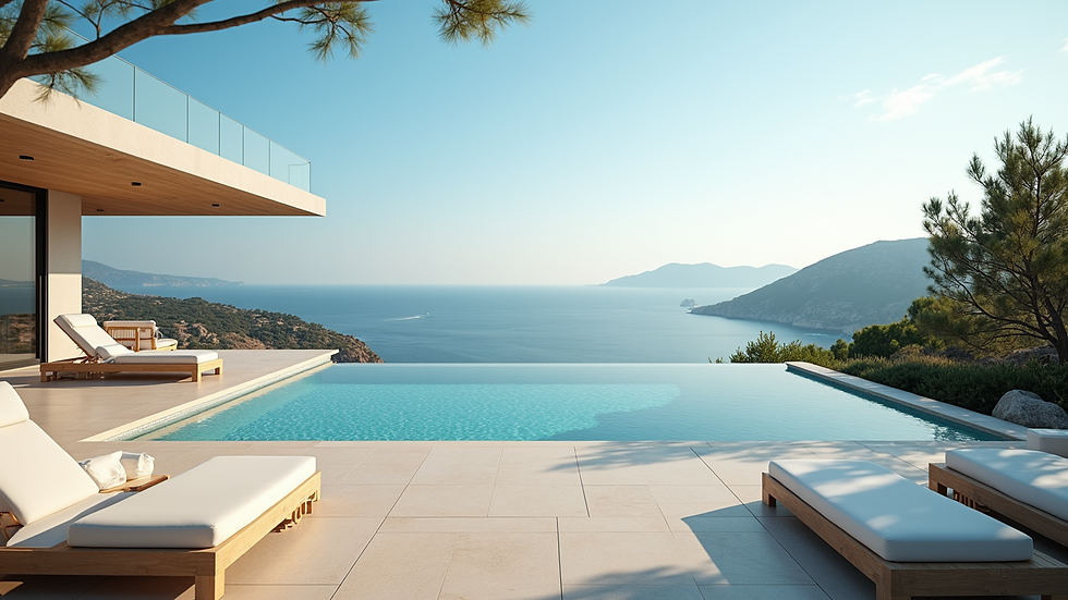 Eye-level view of a luxury villa terrace overlooking the Mediterranean sea