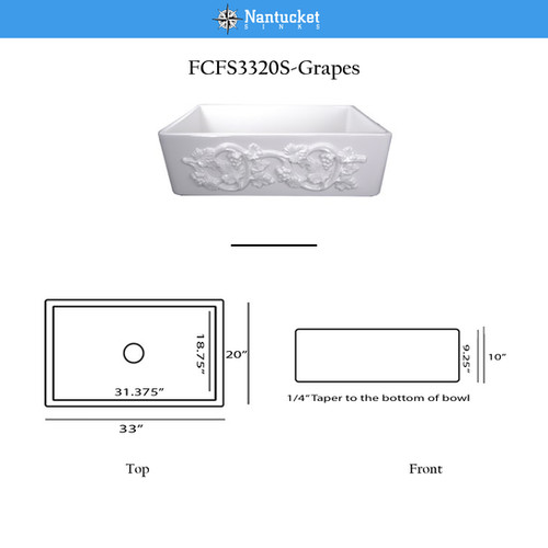 33 Inch Farmhouse Fireclay Sink with Grapes Vine Motif