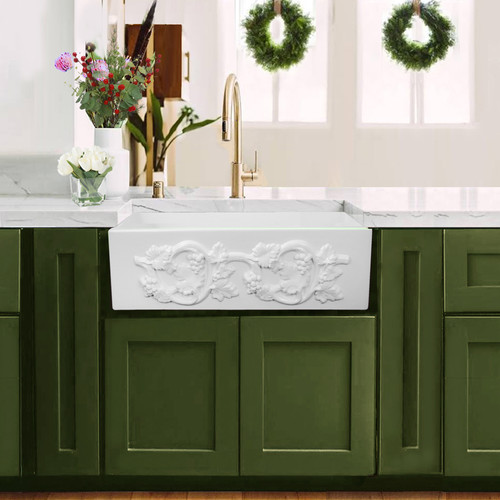 33 Inch Farmhouse Fireclay Sink with Grapes Vine Motif