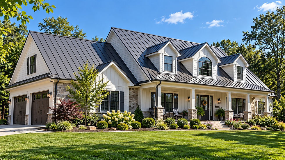Dark metal roof with a fade-resistant architectural finish on a Northeast Indiana home
