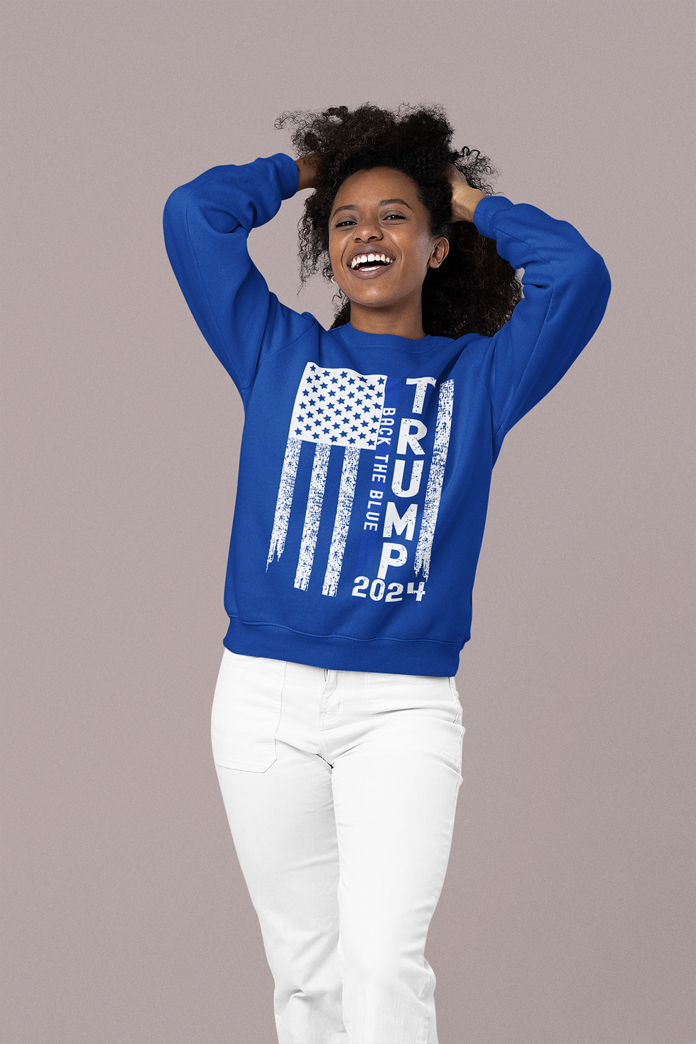 Thumbnail: Back The Blue Trump 2024 Thin Blue Line American Flag Crewneck Sweatshirt