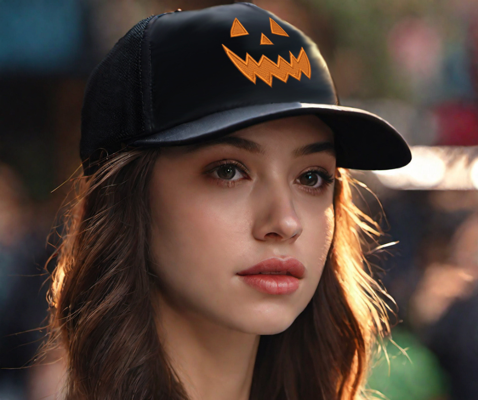 Thumbnail: Pumpkin Trucker Hat Halloween Cap Smiley Horror Hats Embroidered Mesh Cap