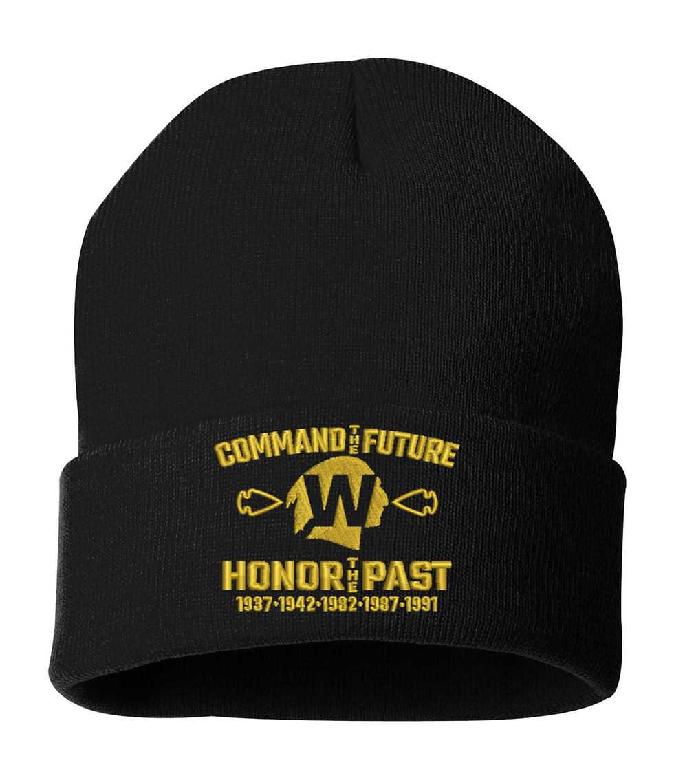 Black knit beanie with a gold embroidered logo that reads 'Command the Future' and 'Honor the Past' with dates '1937-1942-1962-1987-1991'. The Evil Empire NY Baseball Fans Dad Hat and Copy Of Allntrend.