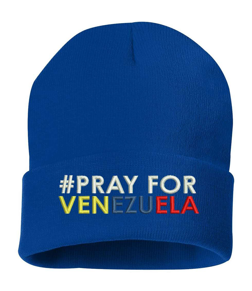 Blue beanie with #Pray for Venezuela embroidered in multi-colored letters.