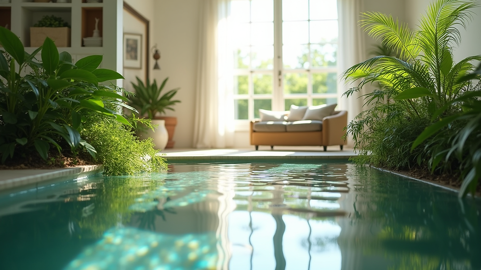 Vue en plongée d’un salon lumineux avec des plantes vertes et des matériaux naturels