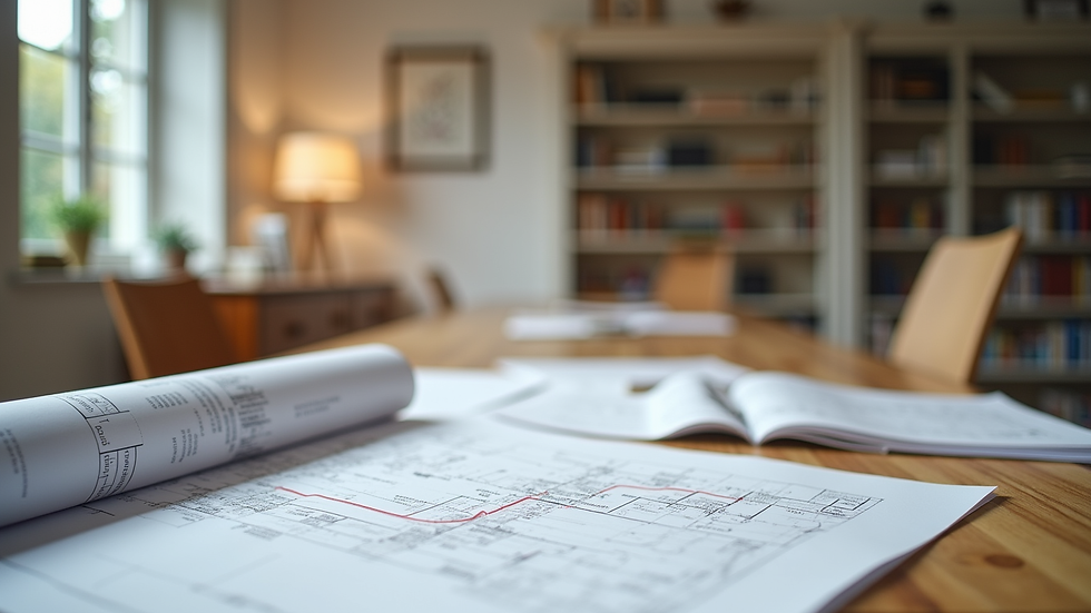 Vue en contre-plongée d’un bureau d’architecte avec plans et échantillons de matériaux